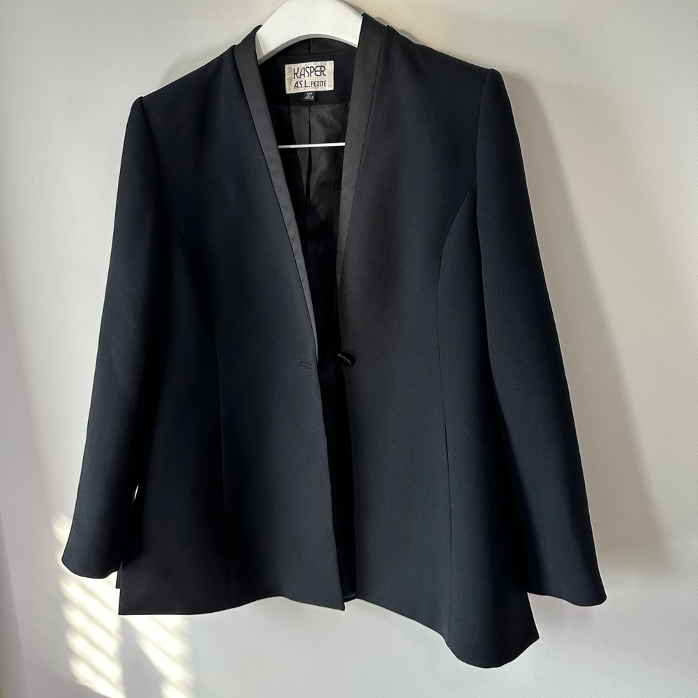 Black Satin Trim Neck Line & Buttons Blazer by Kasper ASL Size 12